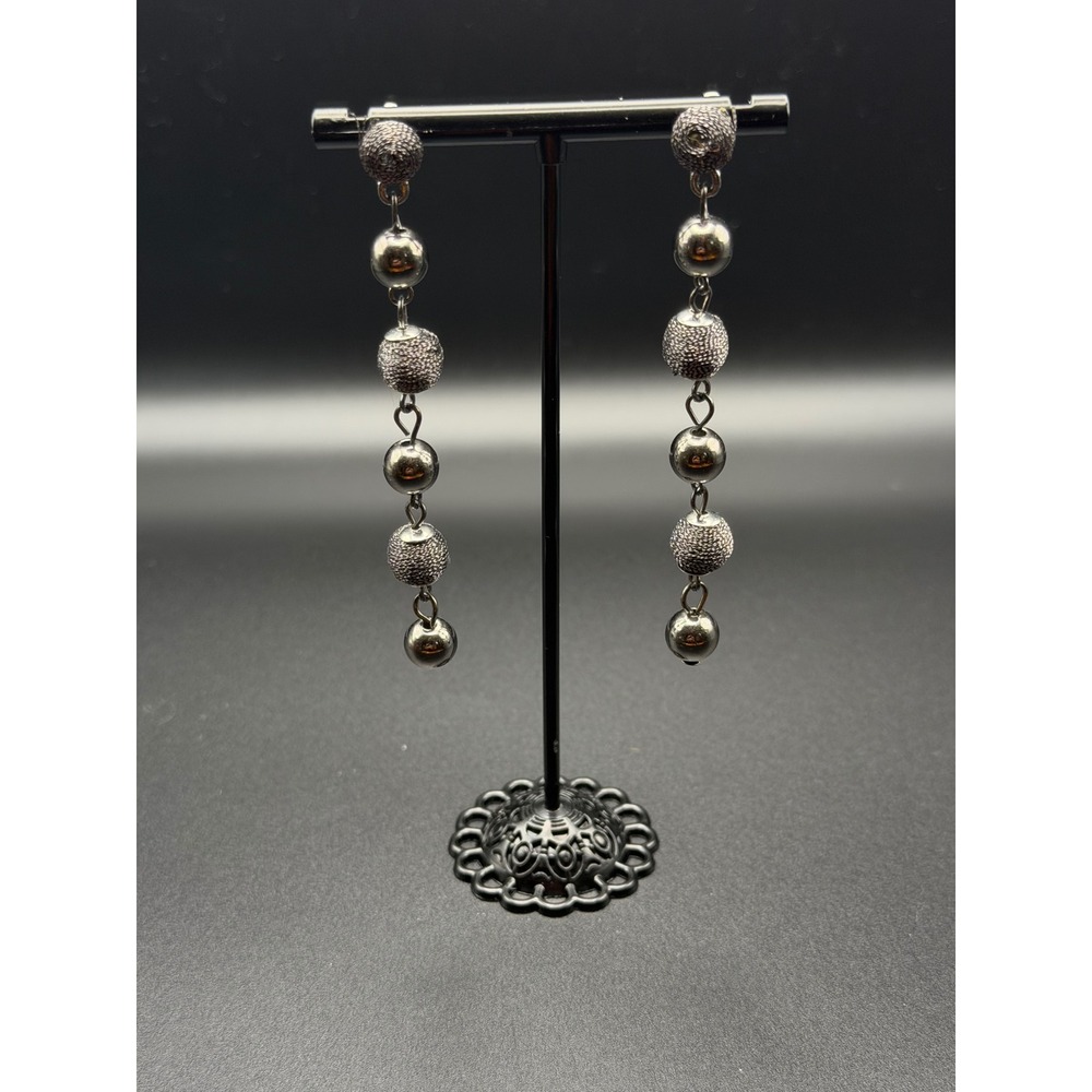 Silver Tone Textured Beaded 3" Long Dangle Statement Earrings